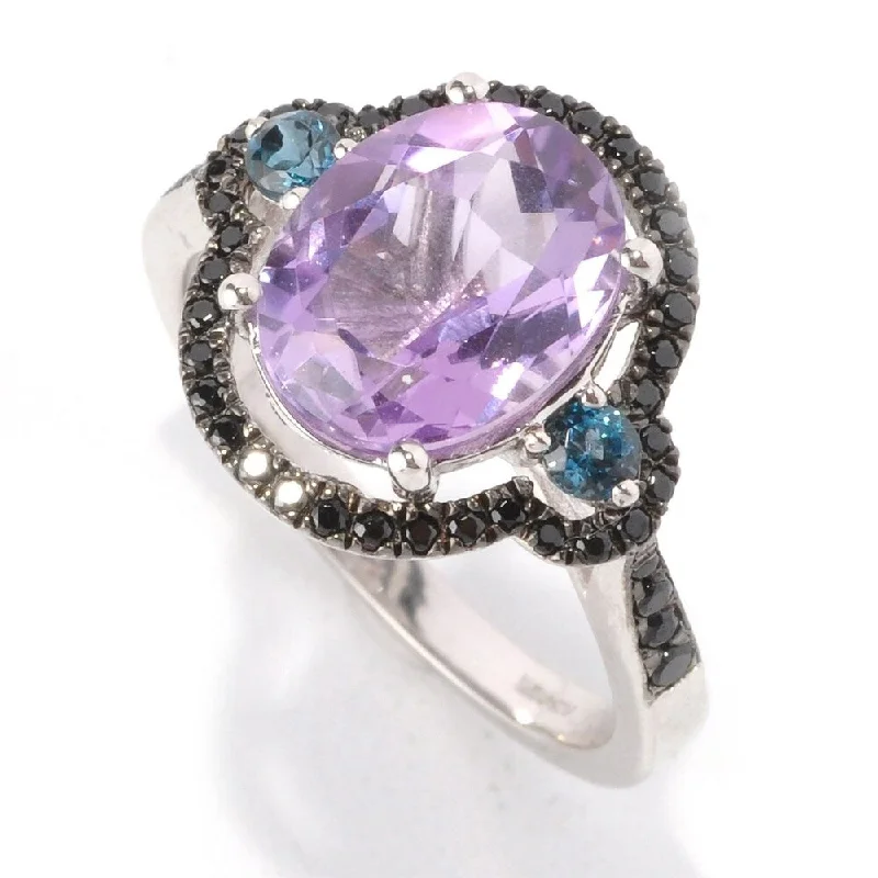 925 Sterling Silver Black Spinel,African Amethyst,Swiss Blue Topaz Ring