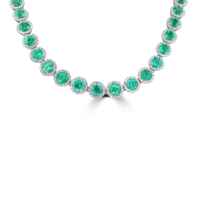 18K WHITE GOLD 44.57 CTW EMERALD & 7.24 CTW DIAMOND HALO NECKLACE