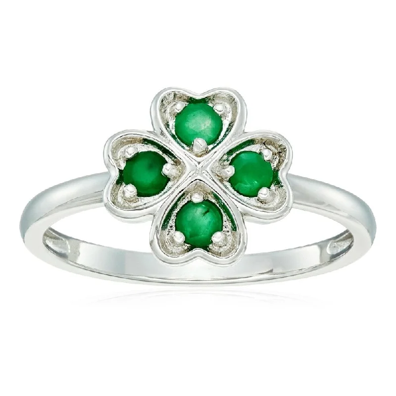 Sterling Silver Genuine Emerald Clover Ring, Size 7