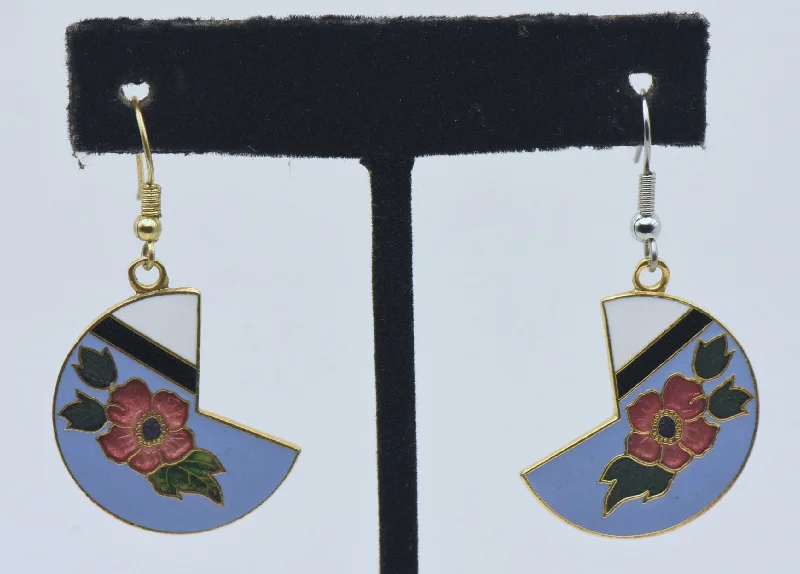 Vintage Gold Tone and Enamel Floral Dangle Earrings