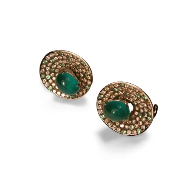 Gorgeous 18K White Gold Cabochon Emerald Diamond Earrings