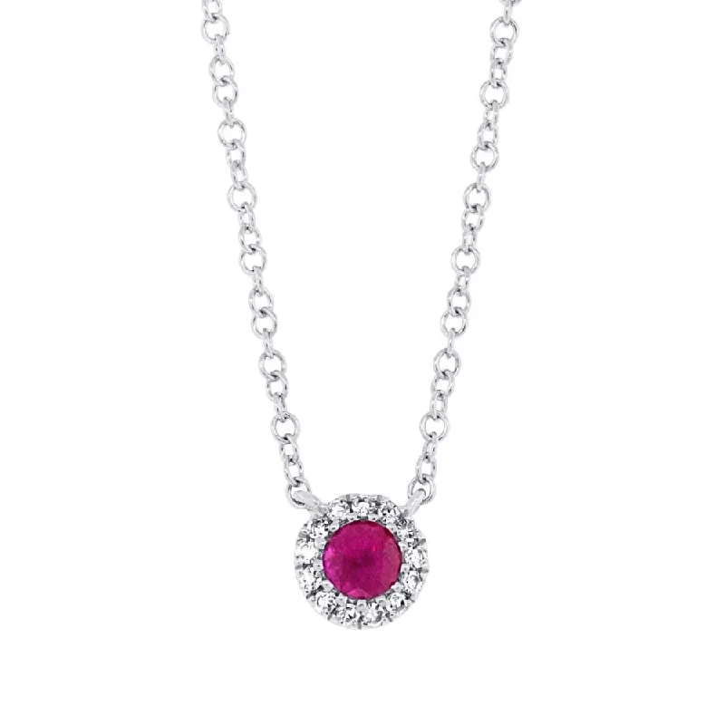 14KT GOLD 0.14 CT RUBY & 0.04 CTW DIAMOND PETITE HALO NECKLACE