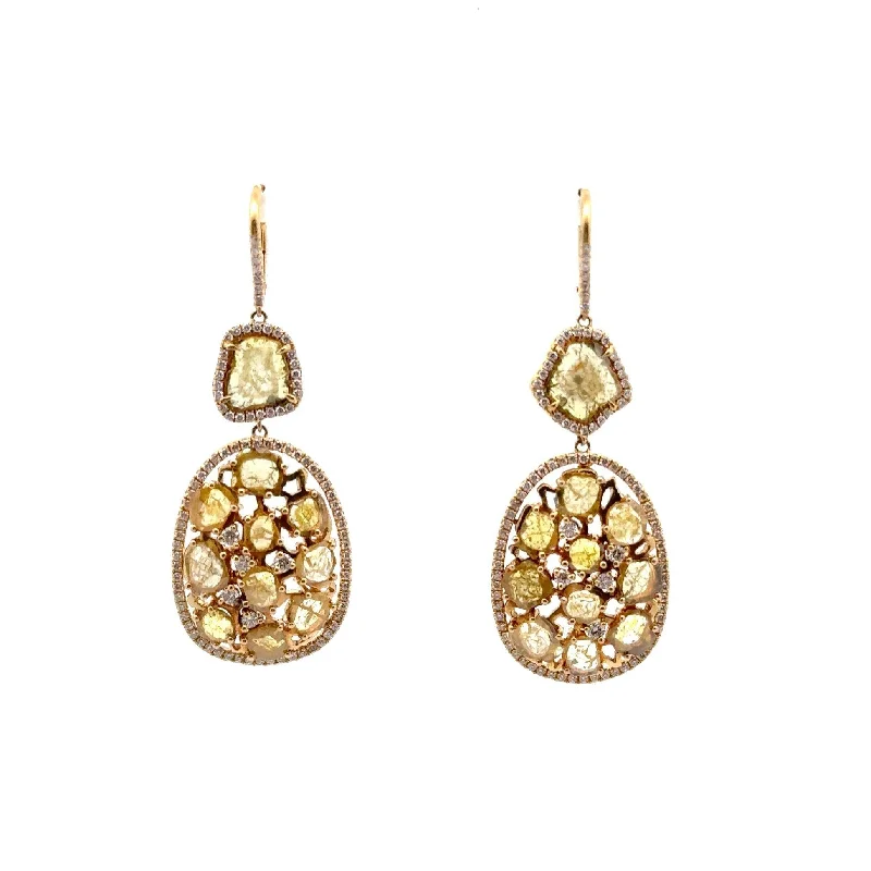 Yellow & White Diamond Slice 18k Yellow Gold Drops Earrings