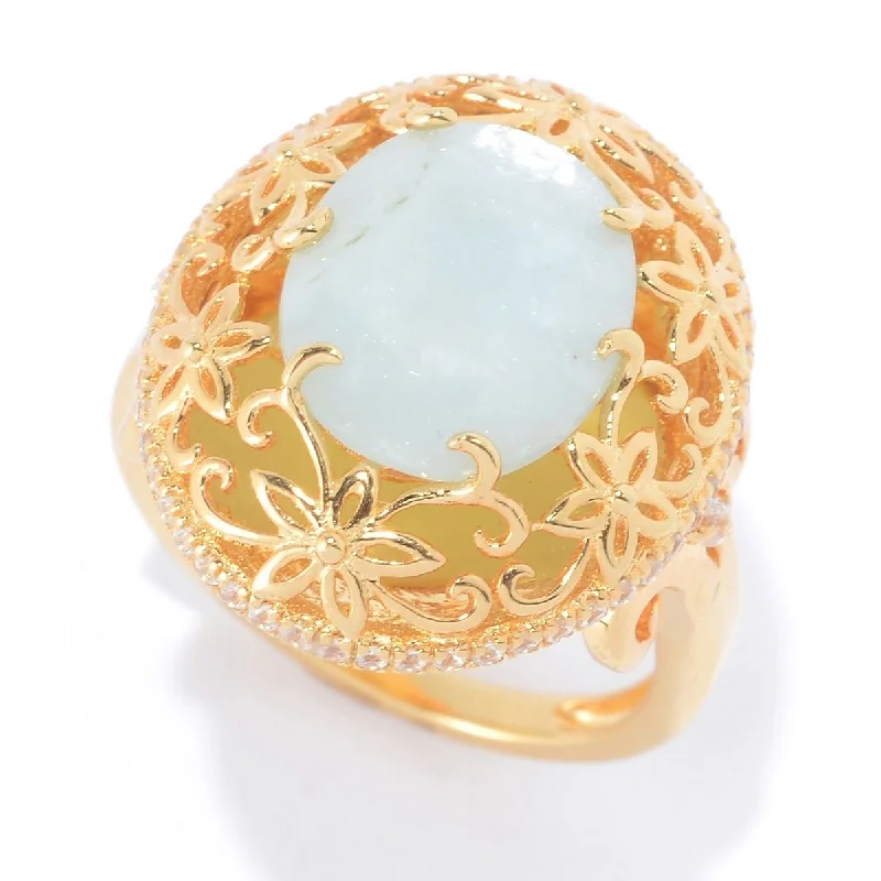 18K Yello Vermeil Oval Milky Aquamarine & White Zircon Flower Ring