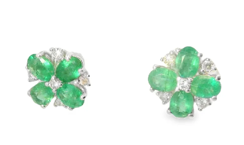 Elegant Estate 14K White Gold Emerald Diamond Flower Floral Stud Earrings