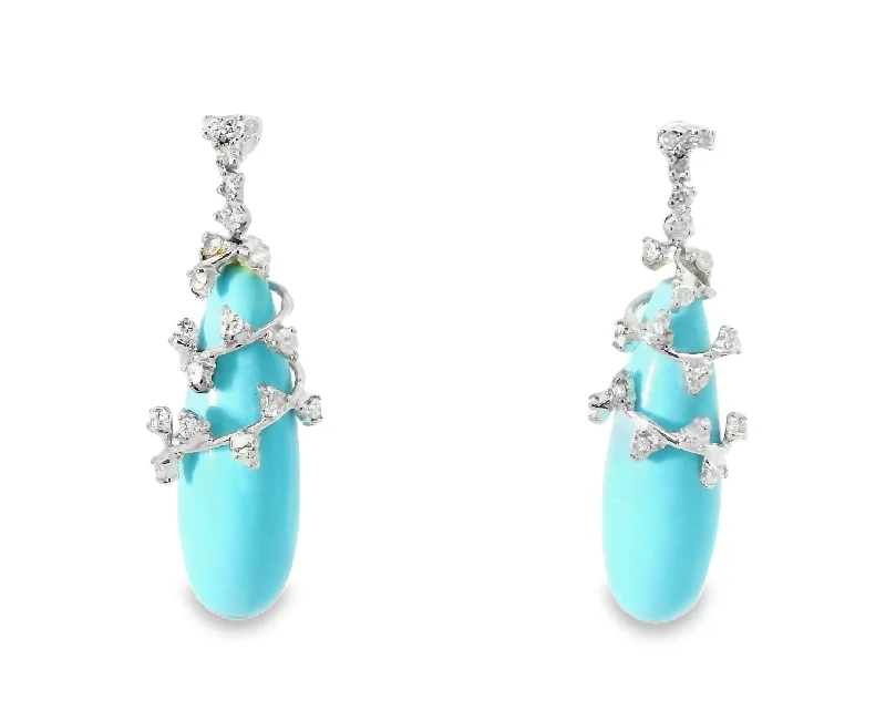 Gorgeous Estate 14K White Gold Turquoise Diamond Dangle Drop Earrings