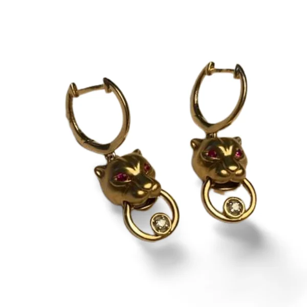 Stunning 14K Yellow Gold Diamond Ruby Animal Tiger Hanging Earrings