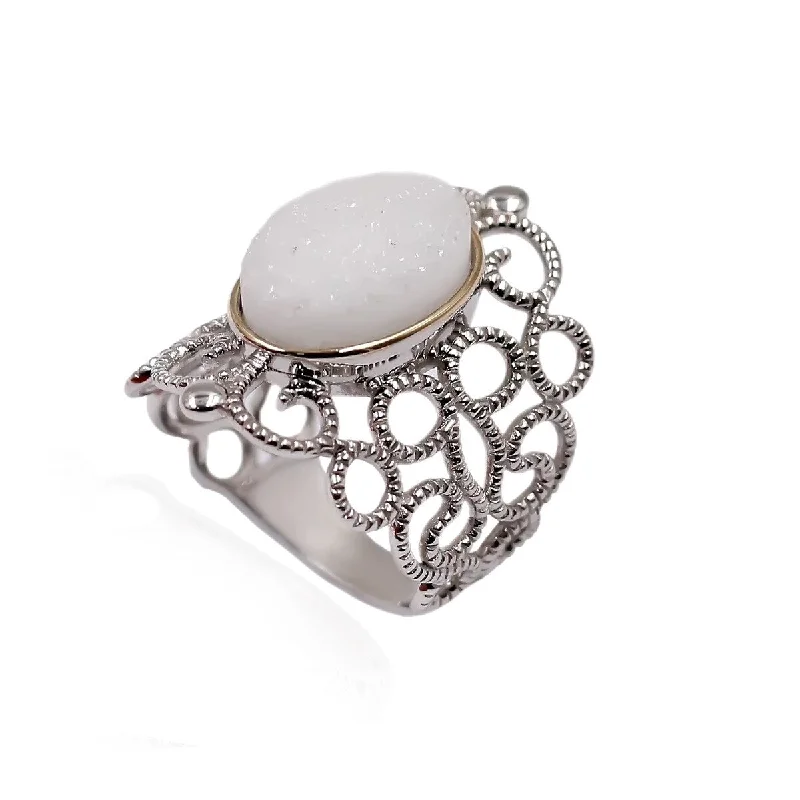 14k Gold and Sterling Silver White Drusy Ring