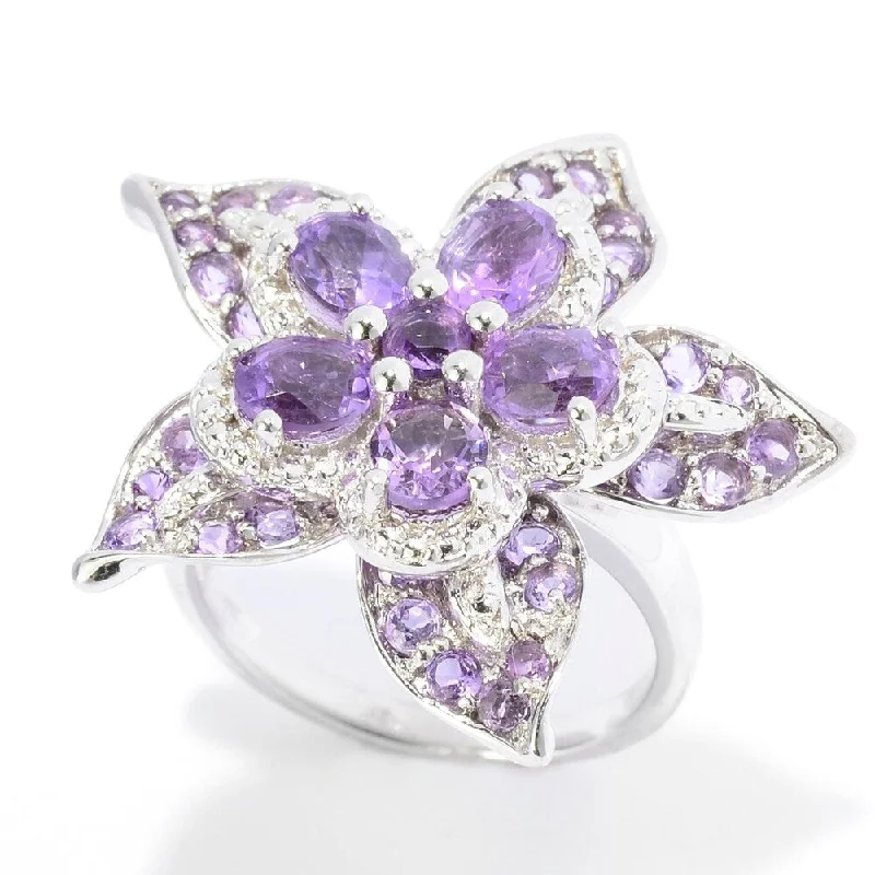 Sterling Silver 2.5Ctw Oval & Round African Amethyst Flower Ring