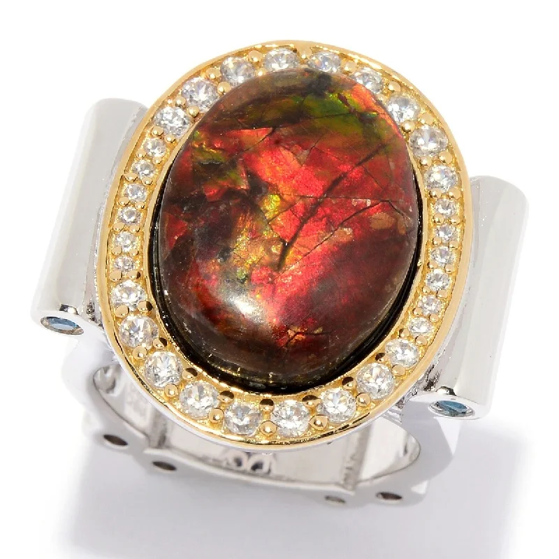 Dallas Prince Sterling Silver 18 x 13mm Ammolite & White Zircon Ring