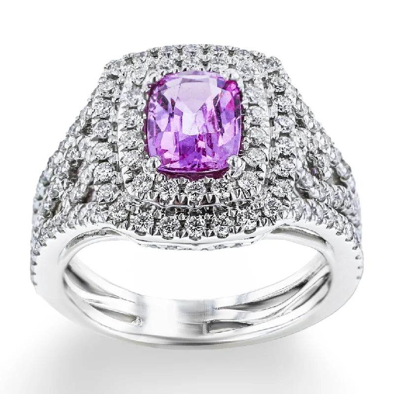 JULEVE 18KT WHITE GOLD 1.25CT PINK SAPPHIRE & 0.96CTW DIAMOND RING