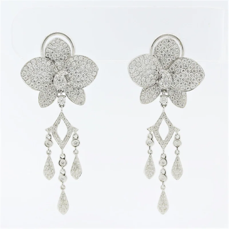 Diamond Flower Pave Gold Dangle Drop Earrings