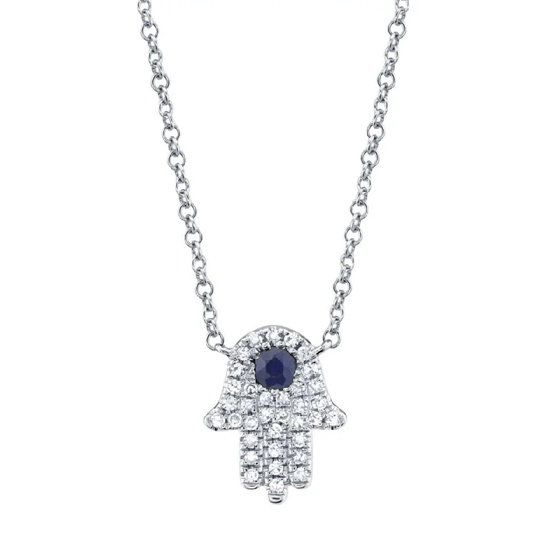 14KT GOLD 0.08 CTW SAPPHIRE & DIAMOND HAMSA NECKLACE