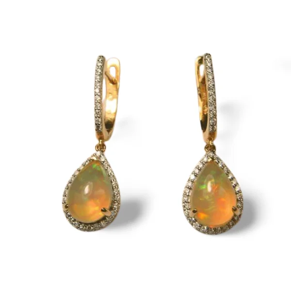 Gorgeous 14K Yellow Gold Tear Opal Diamond Drop Earrings