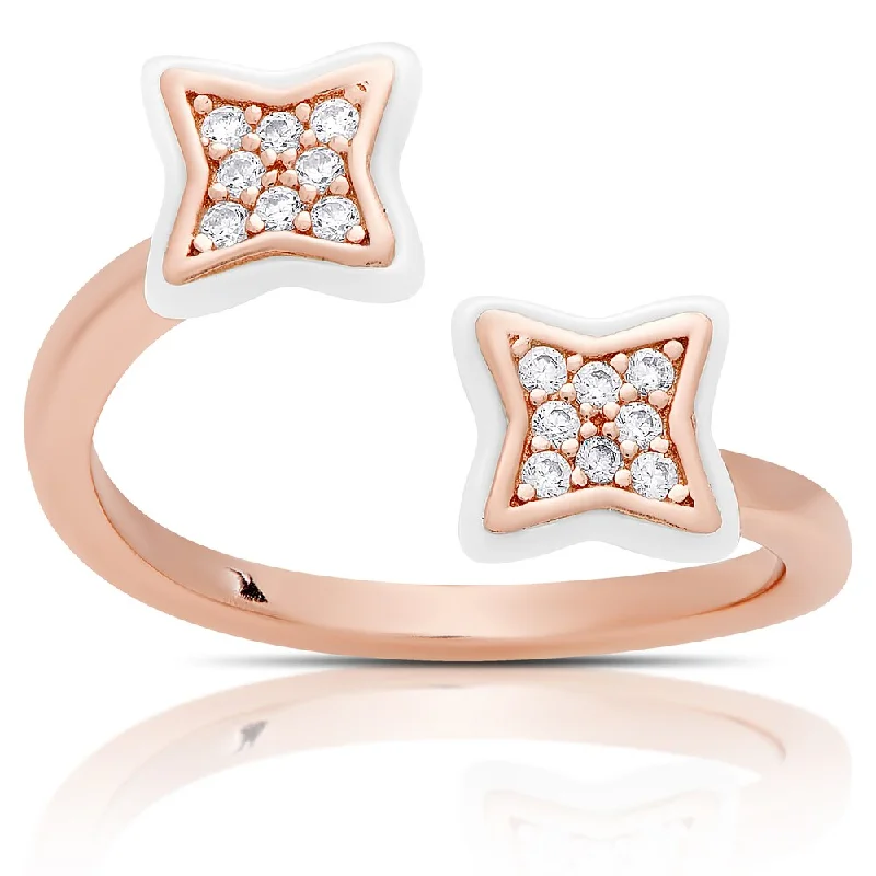 Samantha Stone Rose Gold Over Sterling Silver Cubic Zirconia Ceramic Clover Open Ring