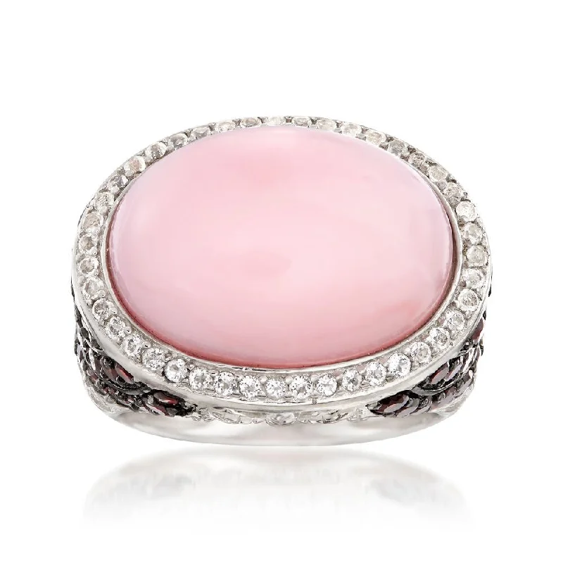 925 Sterling Silver Pink Opal, Red Garnet,White Topaz Ring