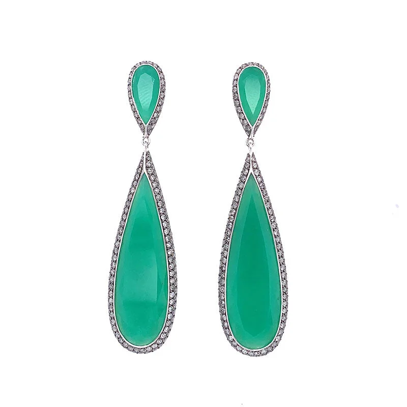 Chrysoprase Chalcedony Diamond Gold Drop Earrings