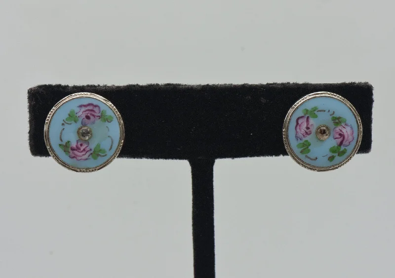 Vintage Enamel Floral Rhinestone Screw Back Earrings - AS IS