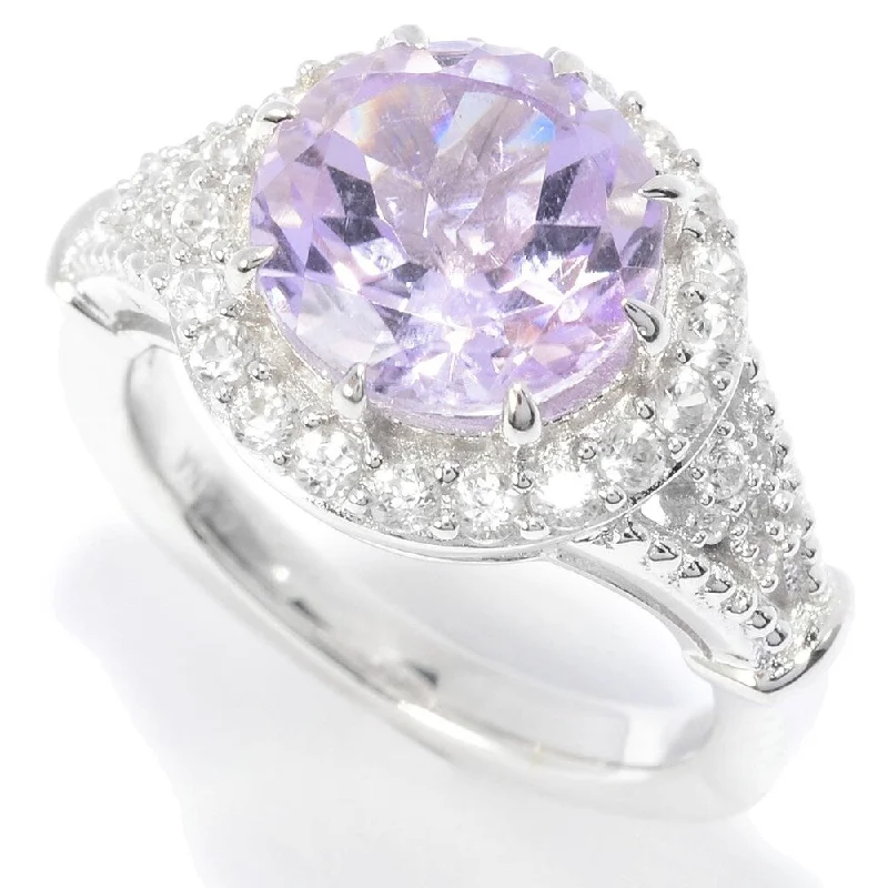 Sterling Silver 10mm Round Pink Amethyst & White Zircon Halo Ring