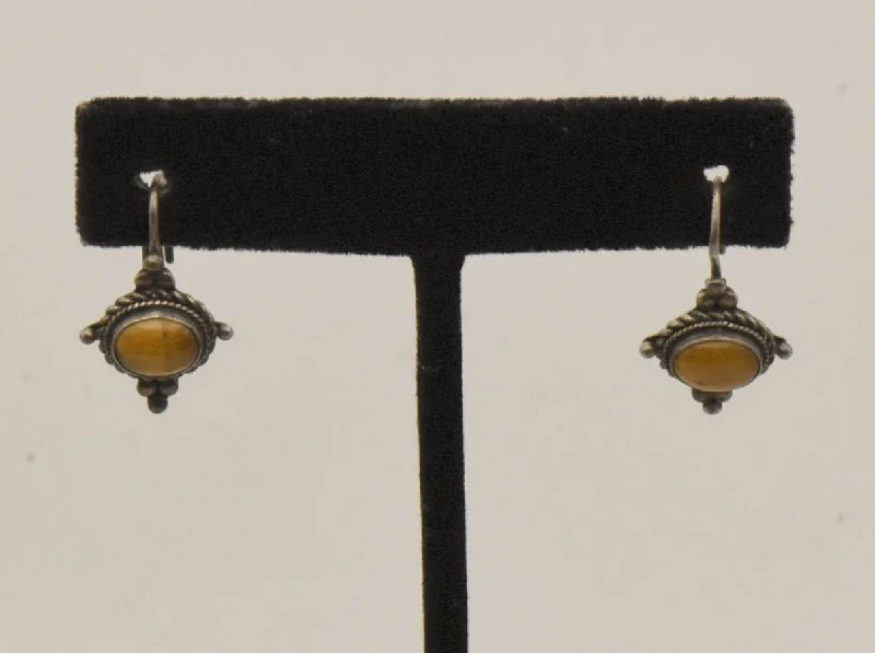 Vintage Sterling Silver Honey Tiger's Eye Earrings - BROKEN CLOSURE