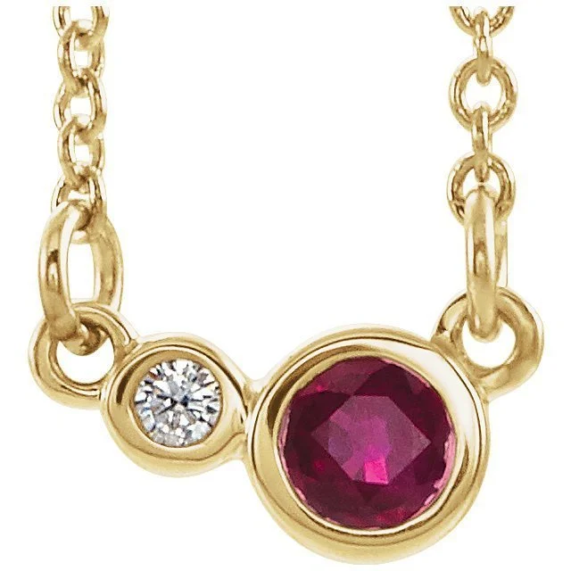 14KT GOLD GENUINE RUBY & DIAMOND 2 STONE BEZEL-SET PETITE NECKLACE