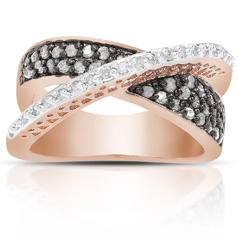 Finesque Rose Gold Over Sterling Silver 2/5 Ct TDW Black and White Diamond Crossover Design Ring