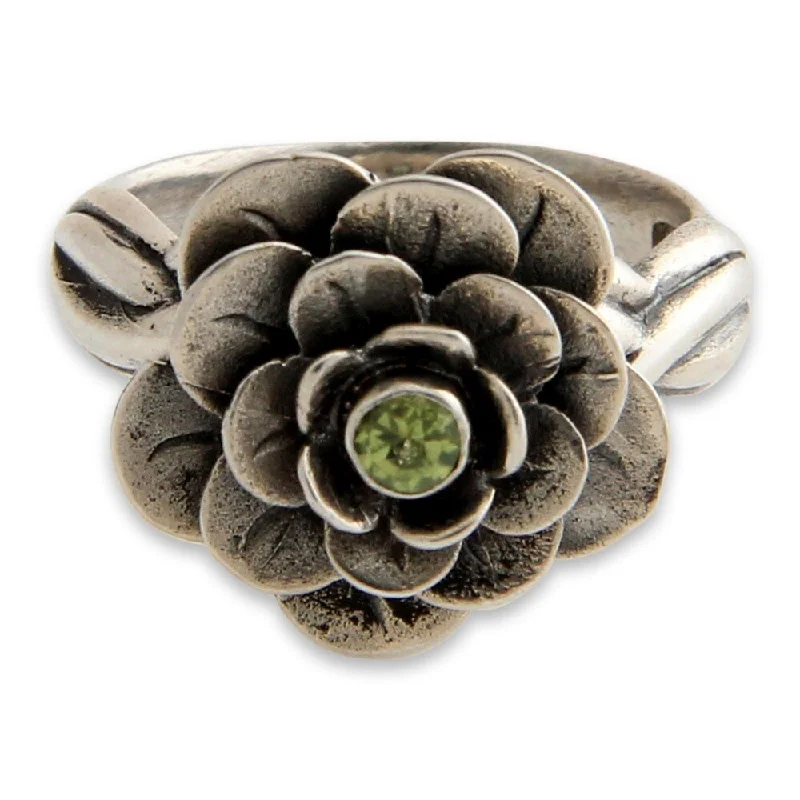 NOVICA Handmade Sterling Silver 'Holy Lotus' Peridot Flower Ring (Indonesia)