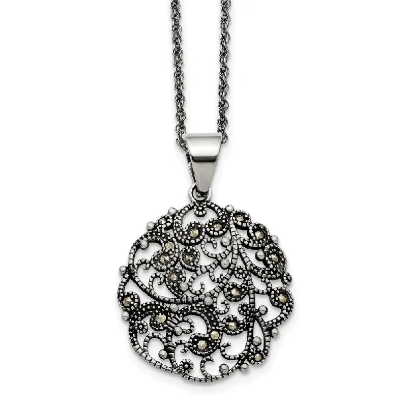 Marcasite Scroll Circle Necklace in Antiqued Stainless Steel, 20 Inch