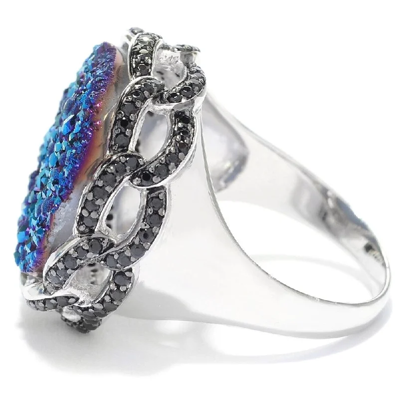 925 Sterling Silver Black Spinel and Blue Drusy Ring