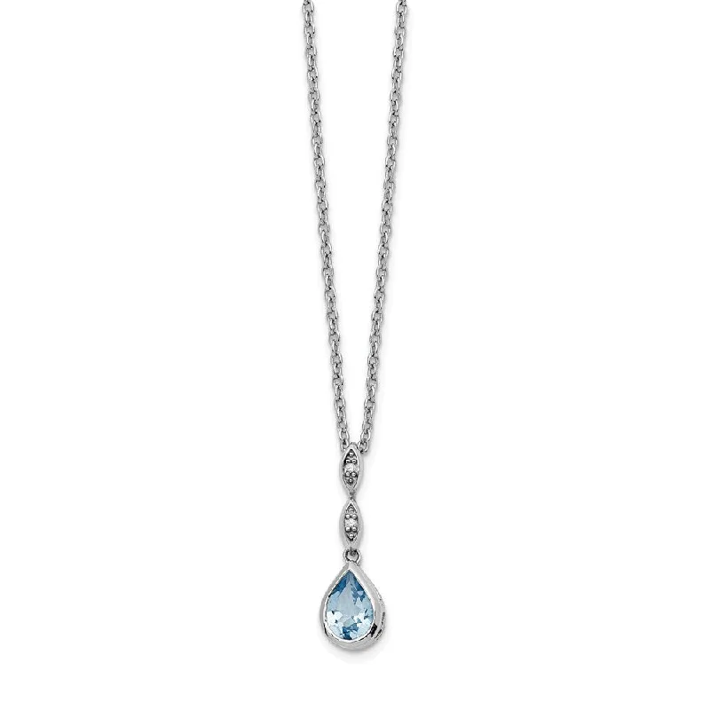 Blue Topaz Teardrop & Diamond Adj. Necklace in Rhodium Plated Silver