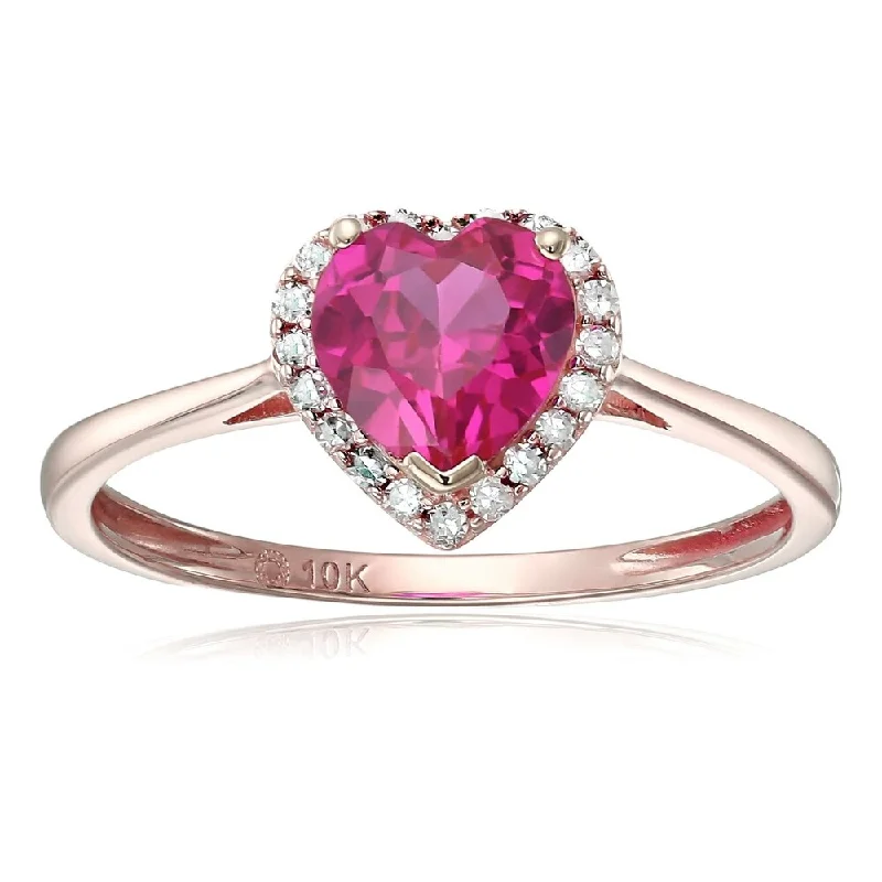 10k Rose Gold Created Ruby & Diamond Solitaire Heart Halo Ring