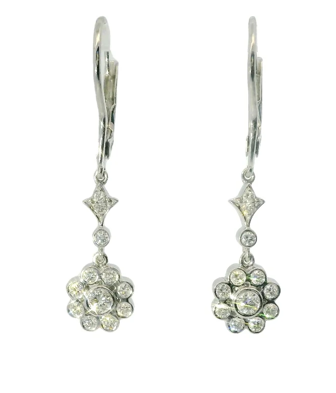 Elegant Estate 14K White Gold Floral Flower Diamond Drop Dangle Earrings