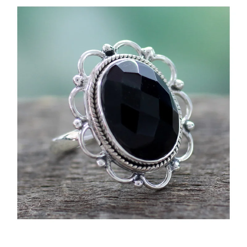 NIOVICA Handmade Sterling Silver 'Midnight Blossom' Onyx Ring (India) - Black