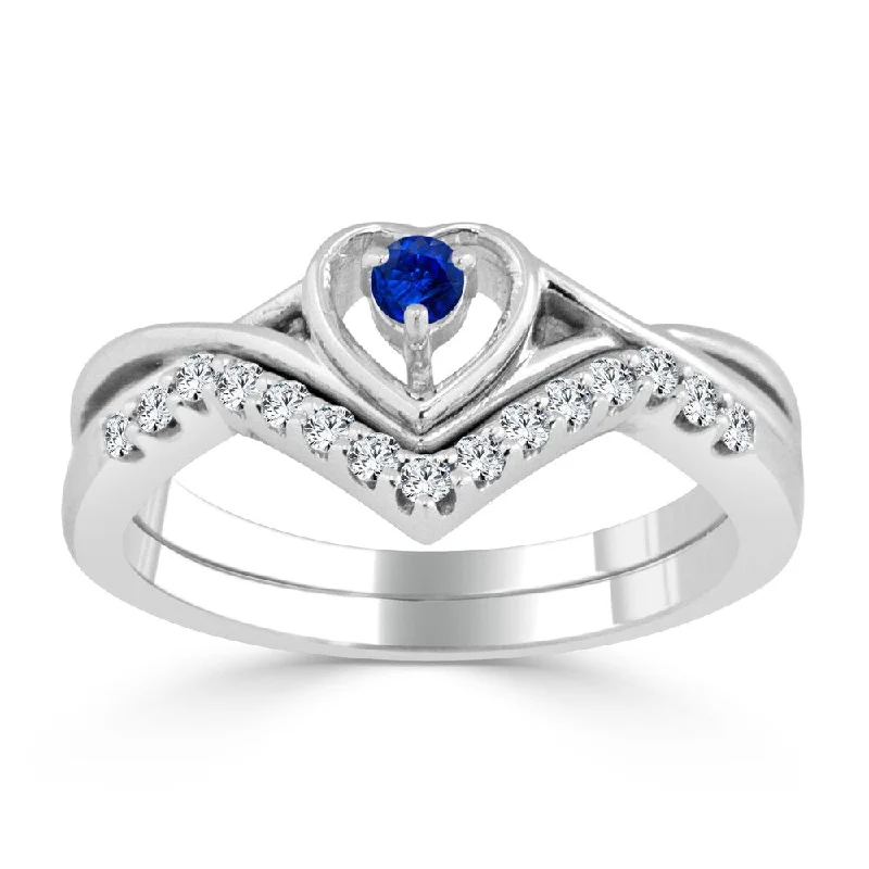 14k Gold 1/10ct Blue Sapphire and 1/5ct TDW Heart Accent Diamond Wedding Ring Set