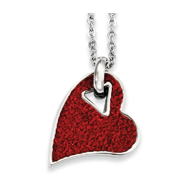 Stainless Steel and Red Crystal Heart Necklace - 20 Inch