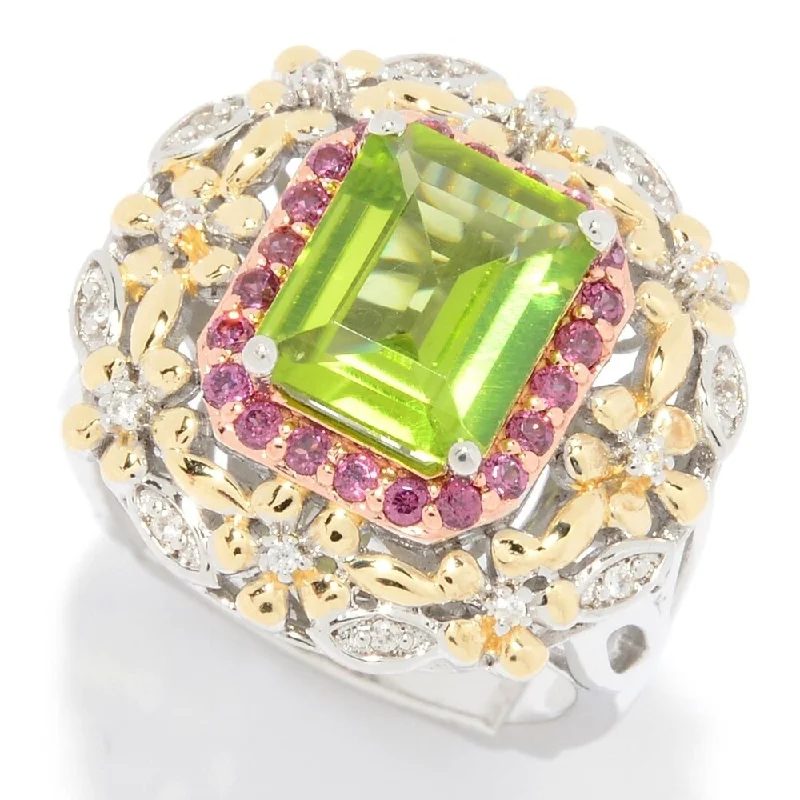 Sterling Silver 3.75ctw Peridot, Rhodolite & White Zircon Flower Ring