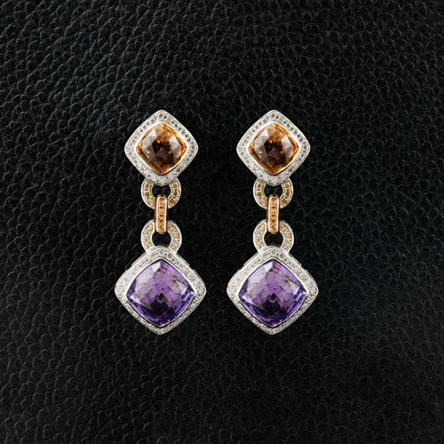 Amethyst, Citrine & Diamond Dangle Earrings