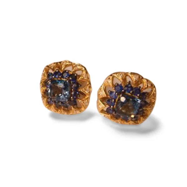 Fascinating 14K Yellow Gold Blue Topaz Sapphire Diamond Stud Earrings