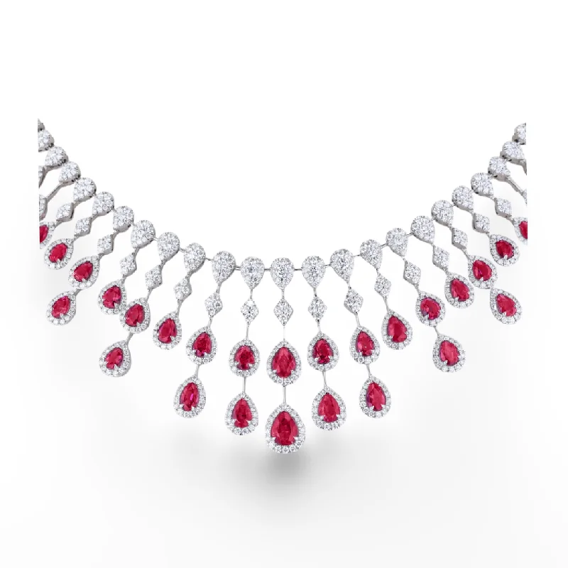 JULEVE 18KT WHITE GOLD 4.24CTW RED EMERALD & 6.44CTW DIAMOND NECKLACE