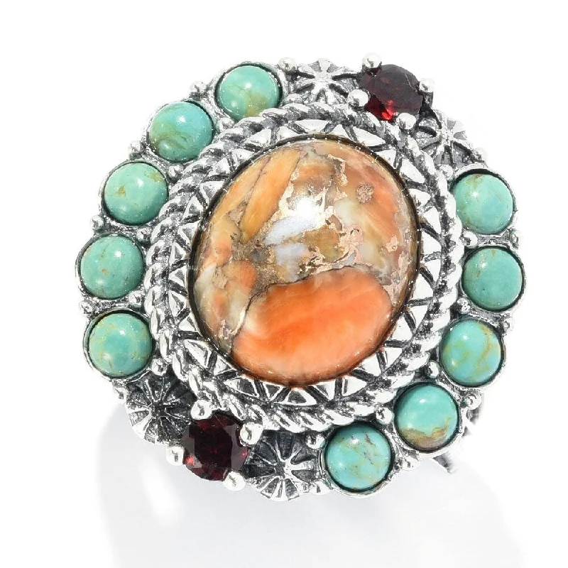 Sterling Silver Orange Spiny Oyster & Gemstone Halo Ring