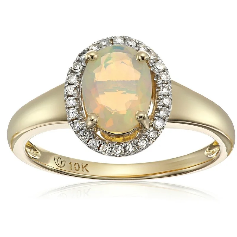 10k Yellow Gold Ethiopian Opal & Diamond Princess Dianal Ring, Size 7 - White