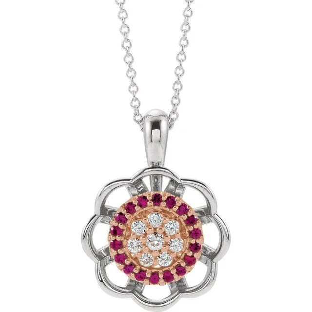 14KT GOLD RUBY & DIAMOND FLOWER HALO NECKLACE