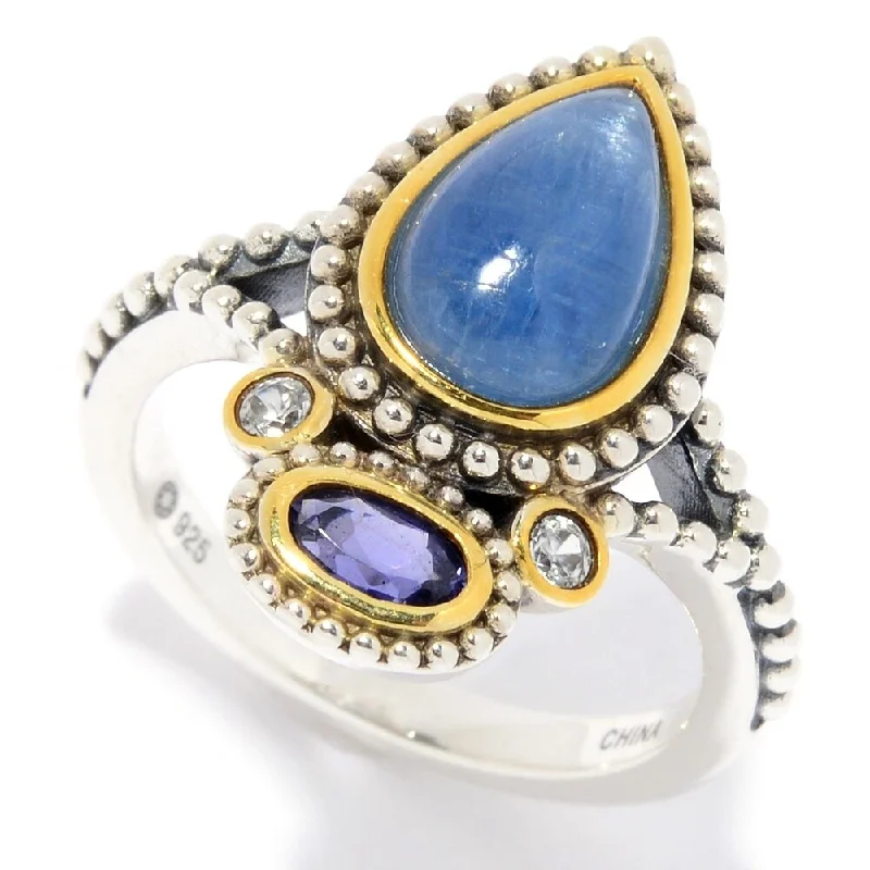 Sterling Silver Kyanite, Iolite & White Zircon Beaded Ring