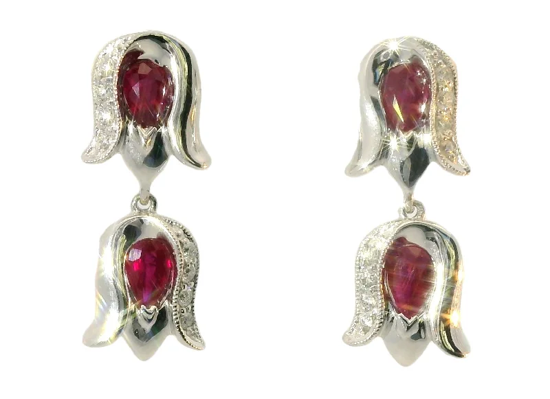 Elegant Estate 14K White Gold Ruby Diamond Tulip Dangle Earrings