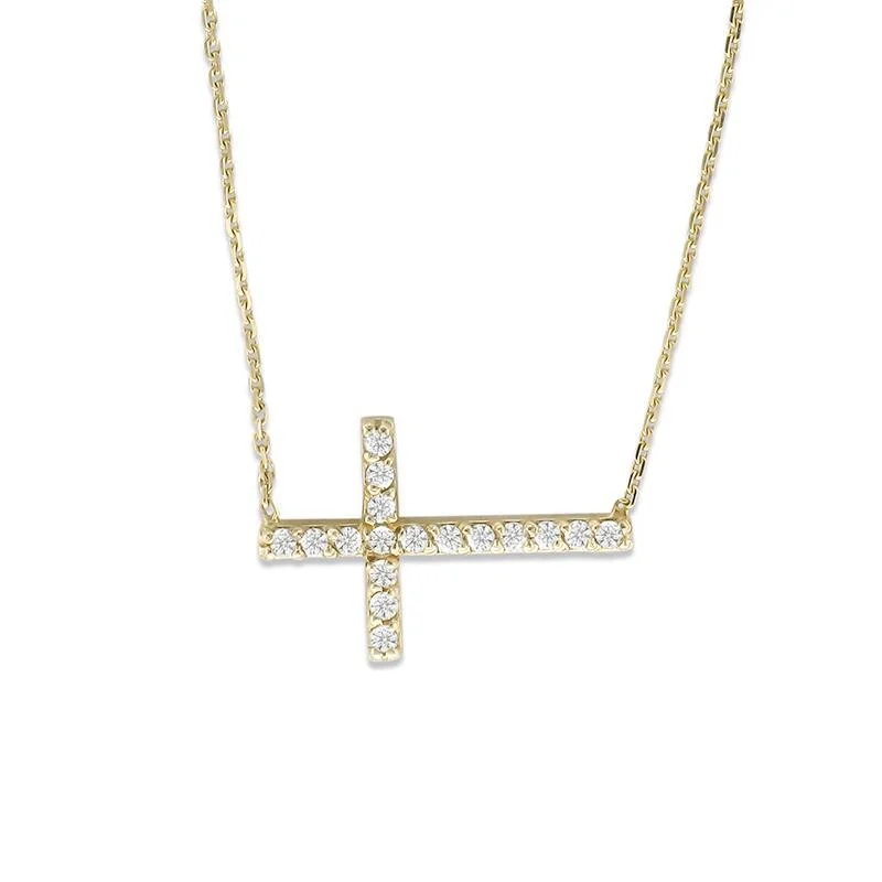 14KT Yellow Gold Round Diamond Sideways Cross Necklace