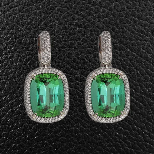 Blue-Green Tourmaline & Diamond Drop Earrings