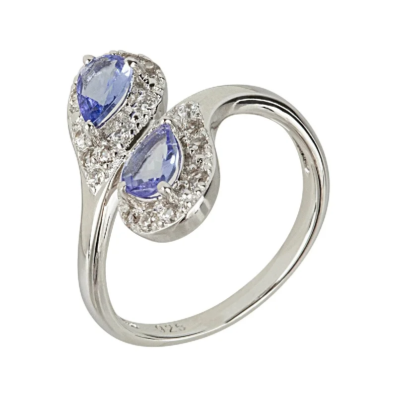 925 Sterling Silver Tanzanite and White Natural Zircon Bypass Ring