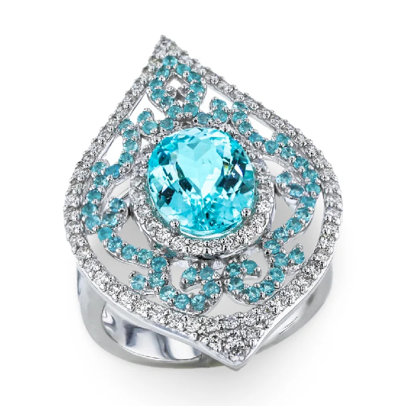 JULEVE 18KT WHITE GOLD 3.56CT PARAIBA TOURMALINE & 0.60CTW DIAMOND RING