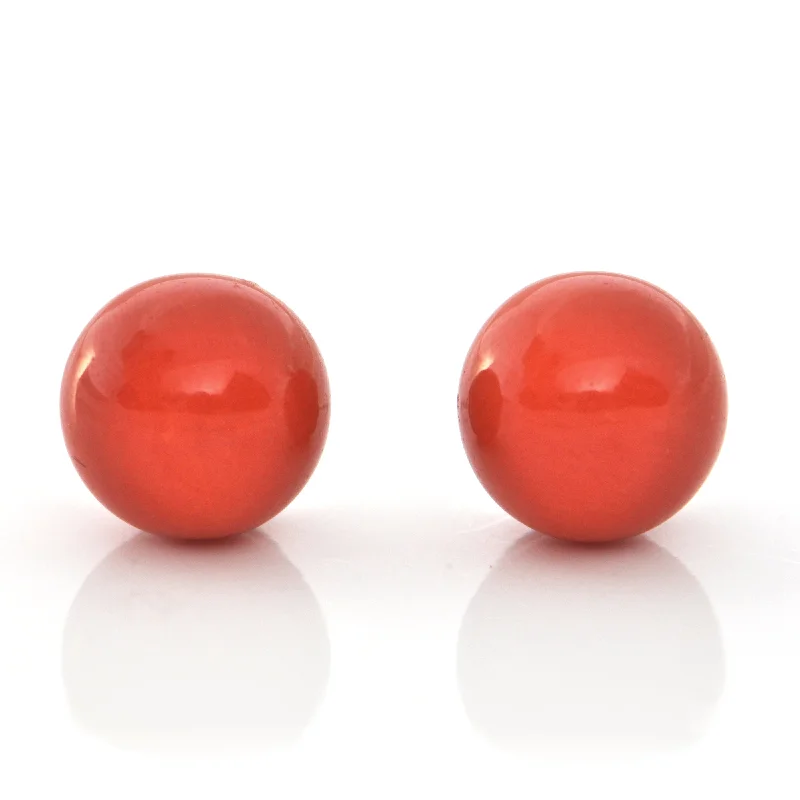 10.4mm Red Coral and 18K White Gold Stud Earrings