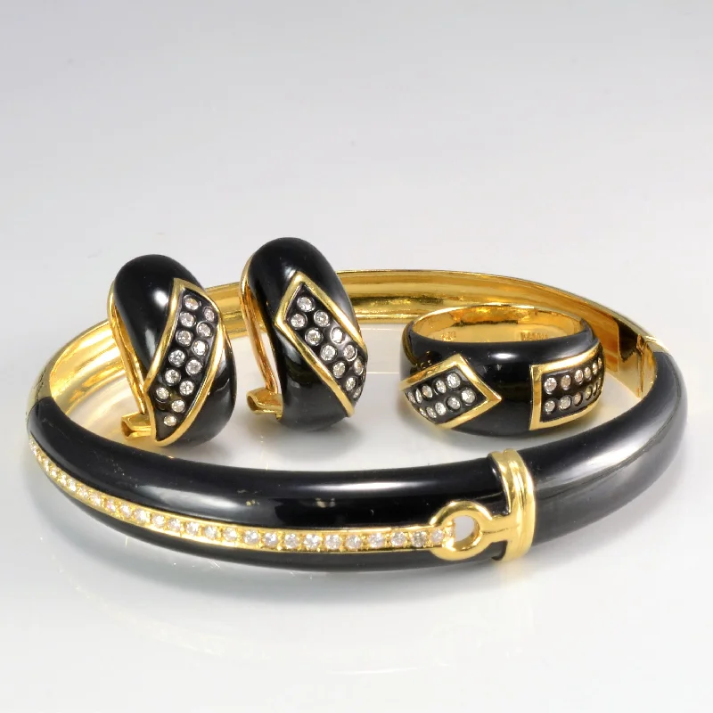 Vintage Enamelled 18K Gold Diamond Bangle, Ring & Earrings Set | 0.77 ctw |